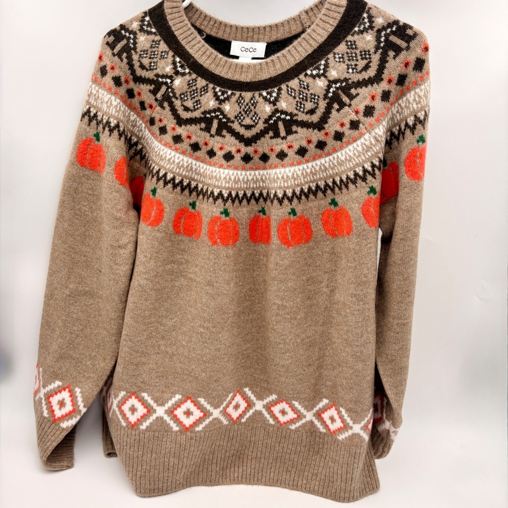 CeCe NWT Womens XL Pumpkin Fair Isle Sweater Taupe Brown Fall Knit Crew Neck